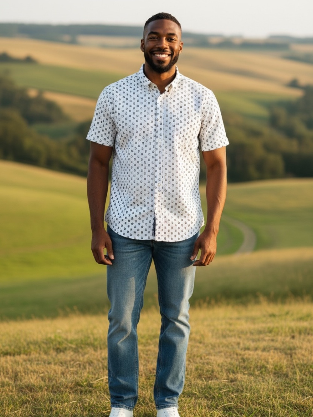 Bugatchi White Short-Sleeve Button-Down with Navy Micro Print